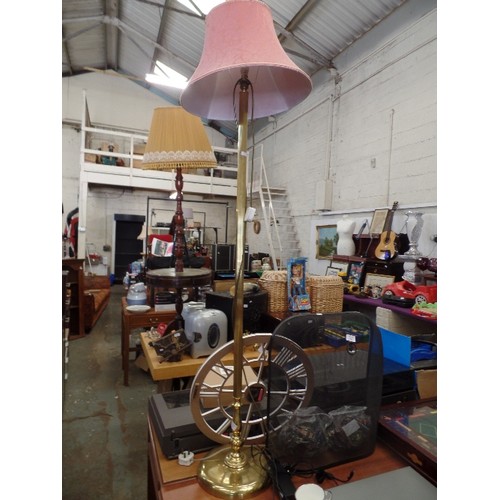 295 - BRASS COLUMN STANDARD LAMP WITH ROSE DAMASK SHADE.