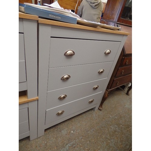 303 - CONTEMPORARY DOVE GREY & BEECH EFFECT PAIR OF BEDSIDES. WITH A MATCHING 4 DRAWER CHEST. PULL-CUP HAN... 