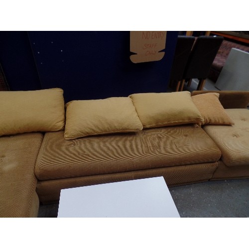 384 - RETRO BRIGHT MUSTARD-GOLD CORDUROY L-SHAPE MODULAR CORNER SOFA WITH TABLE - OPTIONAL LOOSE COVERS N ... 