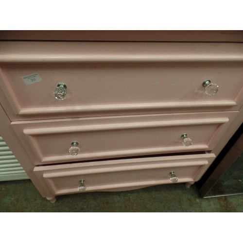 313 - PALE PINK PAINTED 3 DRAWER CHEST, WITH LOVELY FACETED CRYSTAL HANDLES.