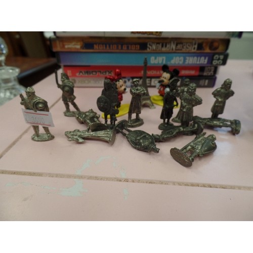 310 - 16 X MINIATURE METAL FIGURES, KNIGHTS AND SOLDIERS, ALSO MICKEY AND MINI AND THE EIFFEL TOWER!!