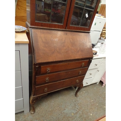 305 - VINTAGE BUREAU WITH CURVED TOP & LEADED GLASS DOORS.