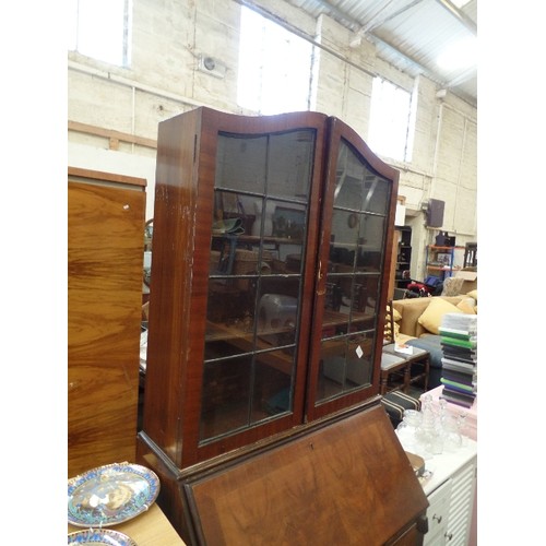 305 - VINTAGE BUREAU WITH CURVED TOP & LEADED GLASS DOORS.