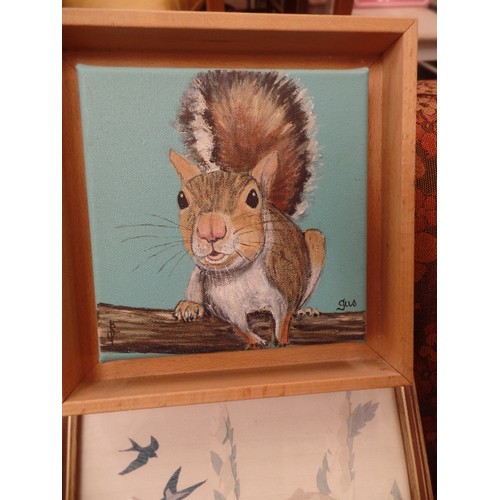 331 - A HAND-PAINTED SQUIRREL ON SMALL WOODEN FRAMED CANVAS BLOCK, AND A HAND-CRAFTED PICTURE OF FIELD MIC... 