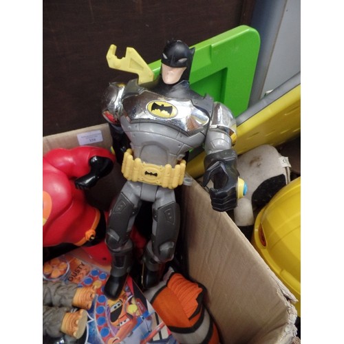 358 - 2 LARGE BOXES OF TOYS. ULTRA BLAST BATMAN FIGURE, THE INCREDIBLES ACTION FIGURE, THINKWAY JAR JAR BI... 