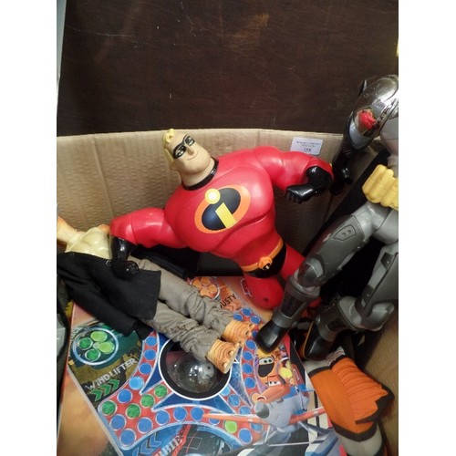 358 - 2 LARGE BOXES OF TOYS. ULTRA BLAST BATMAN FIGURE, THE INCREDIBLES ACTION FIGURE, THINKWAY JAR JAR BI... 