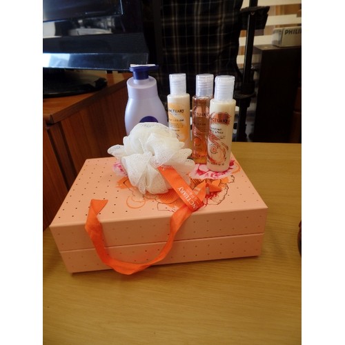 364 - PRETTY GIFT BOX, CONTAINING SANCTUARY TOILETRY ITEMS, & NIVEA CHERRY BLOSSOM LOTION.