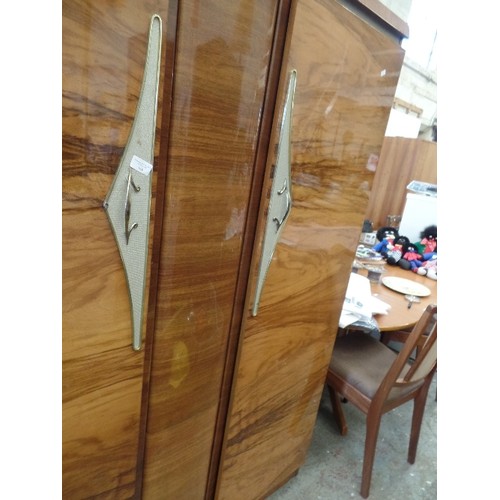 369 - 2 X BEAUTIFUL VINTAGE 1950'S HIGH-GLOSS WALNUT VENEER WARDROBES BY BEAUTILITY. WITH PEARLISED TEXTUR... 