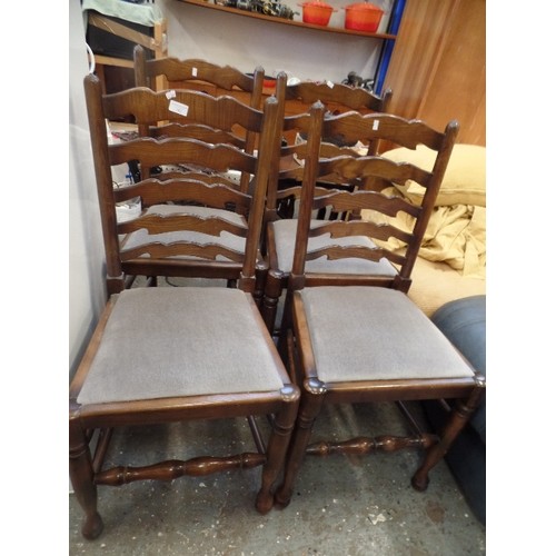 382 - 4 X LADDER-BACK DINING CHAIRS WITH GREY DRALON SEATS.