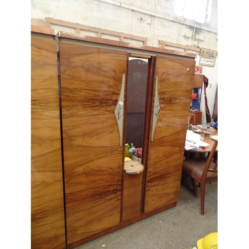 369 - 2 X BEAUTIFUL VINTAGE 1950'S HIGH-GLOSS WALNUT VENEER WARDROBES BY BEAUTILITY. WITH PEARLISED TEXTUR... 