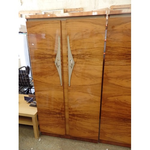 369 - 2 X BEAUTIFUL VINTAGE 1950'S HIGH-GLOSS WALNUT VENEER WARDROBES BY BEAUTILITY. WITH PEARLISED TEXTUR... 