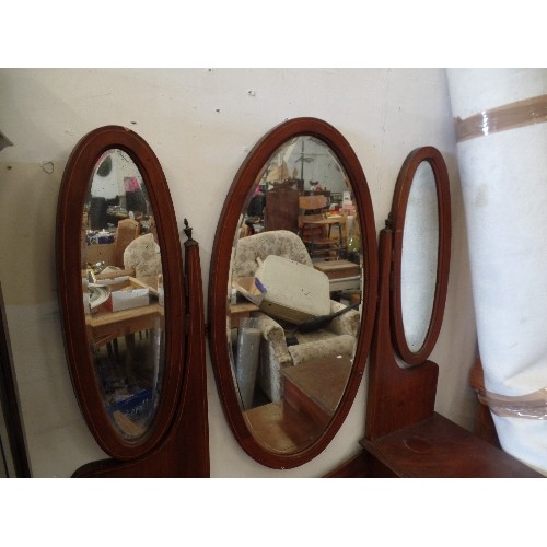 452 - ANTIQUE MAHOGANY INLAID 2/2 DRESSING TABLE WITH TRIPLE VANITY OVAL MIRRORS