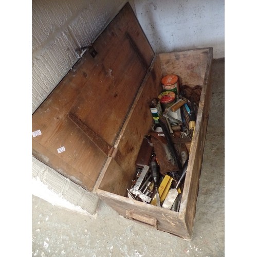 144A - VINTAGE WOODEN TOOL CHEST, WITH TRADITIONAL TOOLS, AND ANOTHER BOX OF DIY ITEMS.