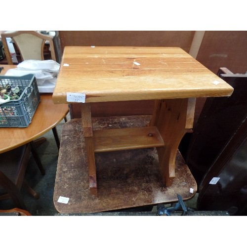 415 - SMALL SOLID PINE SIDE TABLE/ STOOL, WITH BOTTOM SHELF AND SMALL SQUARE VINTAGE TABLE. TOP IS WELL WO... 