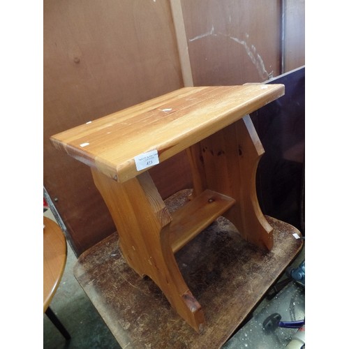 415 - SMALL SOLID PINE SIDE TABLE/ STOOL, WITH BOTTOM SHELF AND SMALL SQUARE VINTAGE TABLE. TOP IS WELL WO... 