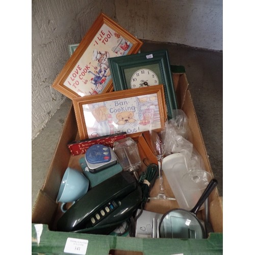 141 - BOX OF MIXED KITCHEN ITEMS. INCLUDES FRAMED SLOGANS 'BAN COOKING-EAT OUT' 'I LOVE TO COOK-I LIE TOO'... 