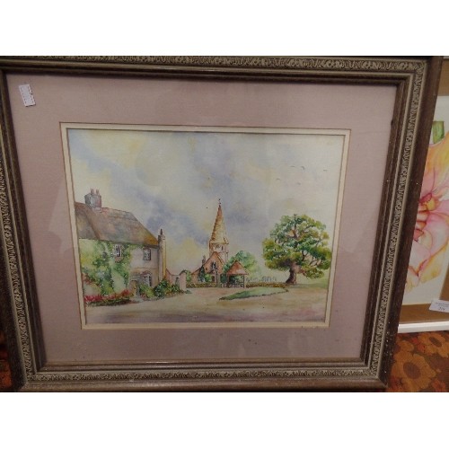 216 - A FRAMED/GLAZED WATERCOLOUR OF A VILLAGE CHURCH GATE SCENE, 2 X FRUIT PRINTS, AND A CONTEMPORARY FLO... 