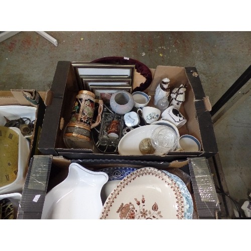 344 - 2 LARGE CRATES OF MIXED VINTAGE CERAMICS. INCLUDES 5 X MEAT PLATES, BEER STEIN, PORCELAIN FIGURES, P... 