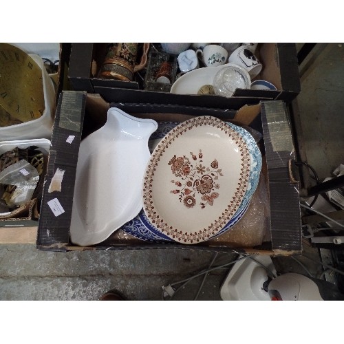 344 - 2 LARGE CRATES OF MIXED VINTAGE CERAMICS. INCLUDES 5 X MEAT PLATES, BEER STEIN, PORCELAIN FIGURES, P... 