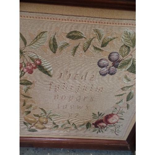 355 - LOVELY TAPESTRY FIRE SCREEN. SQUARE WOODEN FRAME WITH BRASS FEET AND HANDLE. FEATURES THE ALPHABET A... 