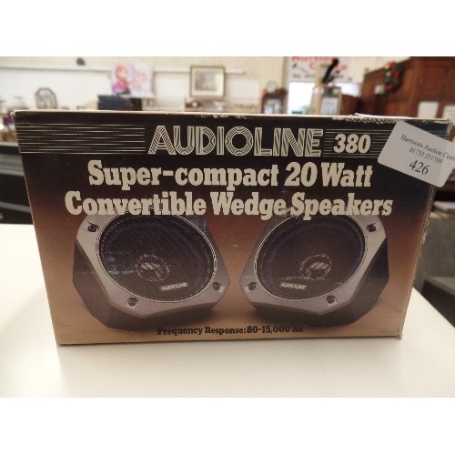 426 - AUDIOLINE 380 SUPER COMPACT 20 WATT CONVERTABLE WEDGE SPEAKERS. APPEAR NEW/PACKAGED.