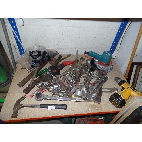 492 - NICE SELECTION OF HAND TOOLS, A SANDER AND A DRILL