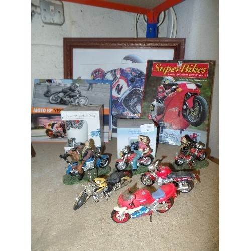 490 - MOTORCYCLE COLLECTORS ITEMS - MODEL MOTORCYCLES,  2 MUGS, BOOKS,  FRAMED PICTURE