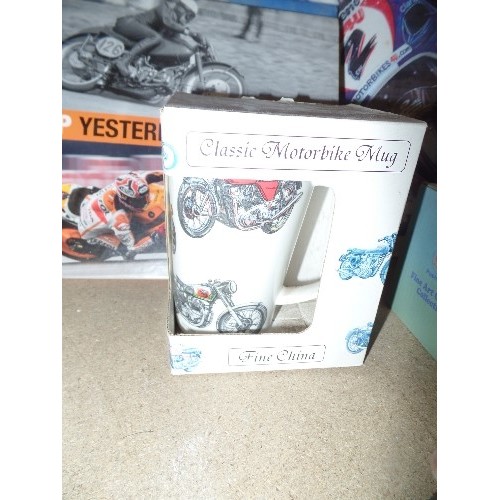 490 - MOTORCYCLE COLLECTORS ITEMS - MODEL MOTORCYCLES,  2 MUGS, BOOKS,  FRAMED PICTURE