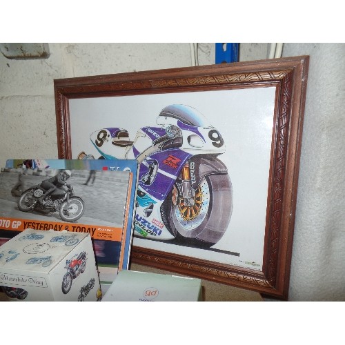 490 - MOTORCYCLE COLLECTORS ITEMS - MODEL MOTORCYCLES,  2 MUGS, BOOKS,  FRAMED PICTURE