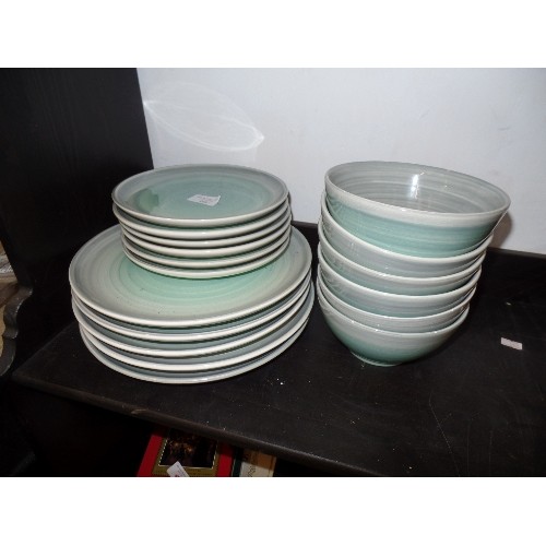 484 - ATKINSONS EARTHENWARE -  5 DINNER PLATES, 6 SIDE PLATES AND 6 BOWLS IN IN GREY WITH TURQUOISE