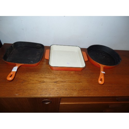 467 - 3 X CAST IRON CLASSIC ORANGE GRIDDLE, CASSEROLE AND FRYING PAN BY COOKS