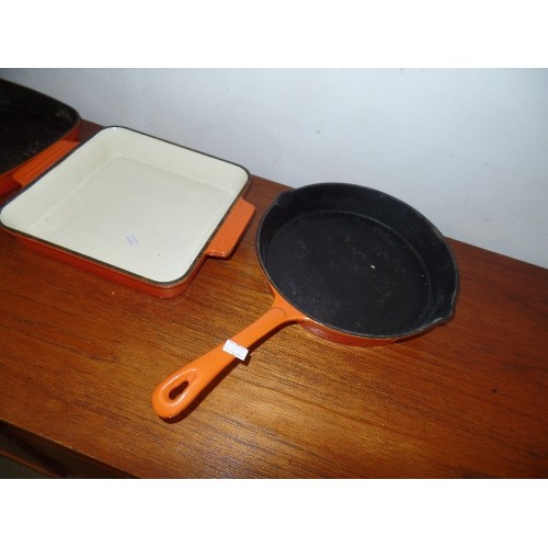 467 - 3 X CAST IRON CLASSIC ORANGE GRIDDLE, CASSEROLE AND FRYING PAN BY COOKS