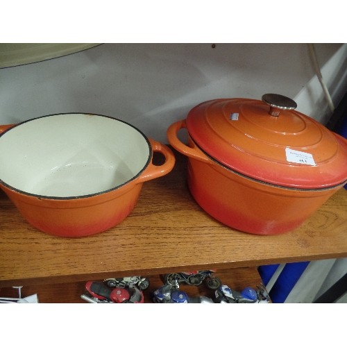 463 - 2 CAST IRON ORANGE CASSEROLE DISHES  WIH LIDS BY COOKS