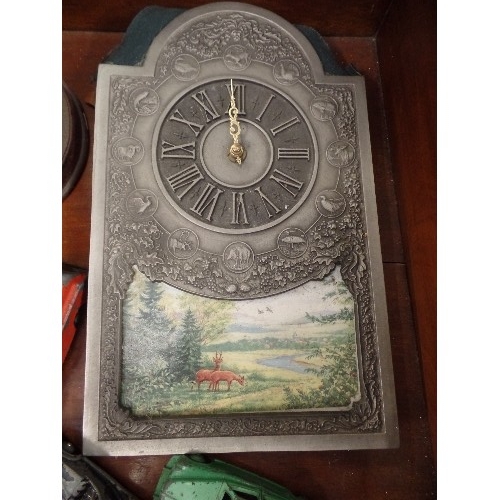 454 - METAL WALL CLOCK WITH ZODIAC DESIGN, AND PICTURE PANEL OF DEER.