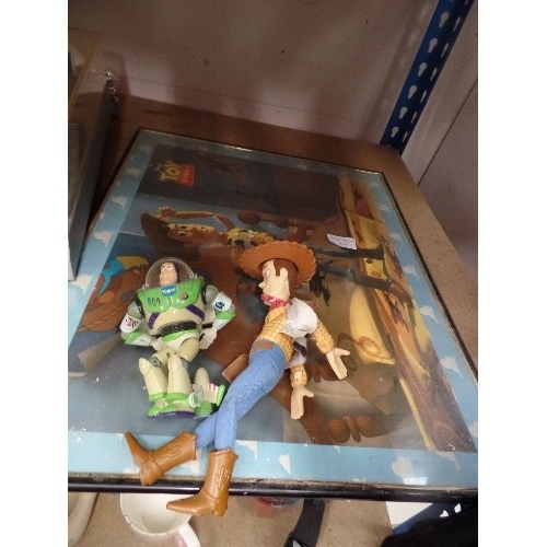 448 - FRAMED TOY STORY PICTURE, WITH WOODY AND BUZZ LIGHTYEAR FIGURES.