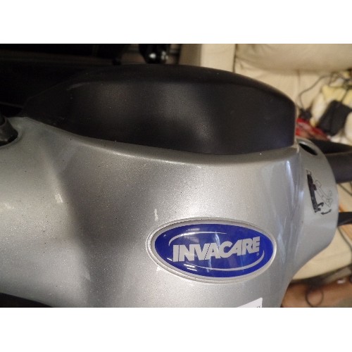 431 - LARGE MODERN INVACARE ORION MOBILITY SCOOTER IN SILVER. WITH FRONT LOCKABLE SHOPPING PANNIER.WITH CH... 