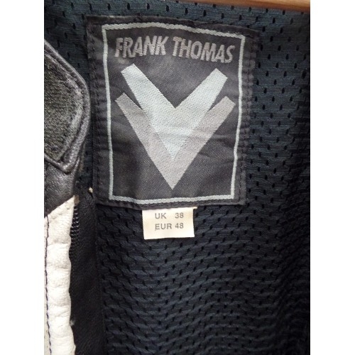 442 - LEATHER FRANK THOMAS ALL-IN-ONE MOTORCYCLE SUIT. UK 38. BLACK/RED/WHITE. WITH MATCHING JTS BOOTS.