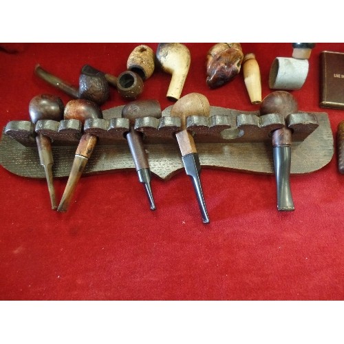 10 - A RACK WITH 5 GOOD OLD PIPES PLUS BAG OF PIPE BOWLS SOME MEERSCHAM, CORN COB,OTHERS INCLUDING A SMAL... 