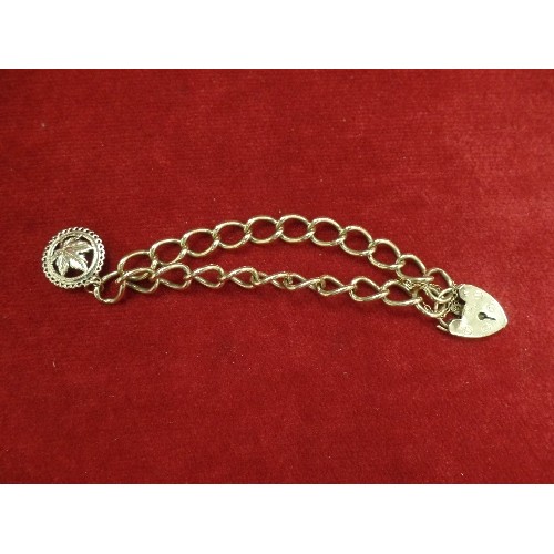 18 - 9ct GOLD CHARM BRACELET WITH HEART PADLOCK, CANADIAN CHARM AND SAFETY CHAIN WEIGHT 21.30GR