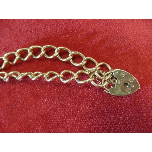 18 - 9ct GOLD CHARM BRACELET WITH HEART PADLOCK, CANADIAN CHARM AND SAFETY CHAIN WEIGHT 21.30GR