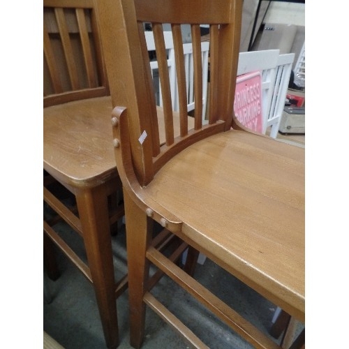 385 - PAIR OF ANDY THORNTON WOODEN BAR-STOOLS WITH SLATTED BACKS AND BENTWOOD HINGES.