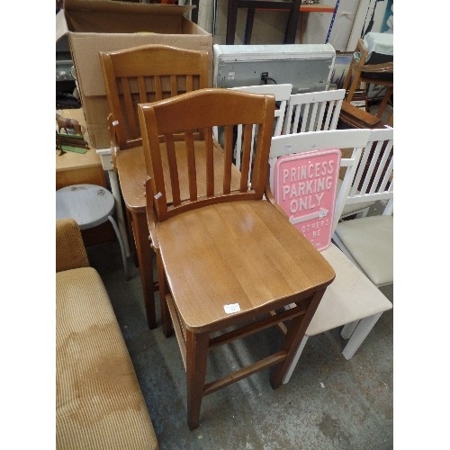 385 - PAIR OF ANDY THORNTON WOODEN BAR-STOOLS WITH SLATTED BACKS AND BENTWOOD HINGES.