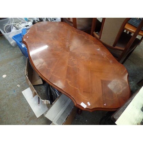 412 - LARGE HIGH GLOSS COFFEE TABLE WITH INLAID PATTERN, SHAPED EDGE. SUPPORTED BY 2 LARGE CARVED PEDESTAL... 