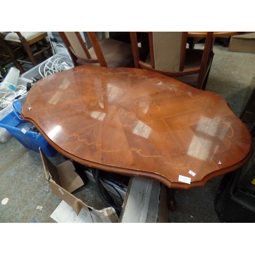 412 - LARGE HIGH GLOSS COFFEE TABLE WITH INLAID PATTERN, SHAPED EDGE. SUPPORTED BY 2 LARGE CARVED PEDESTAL... 