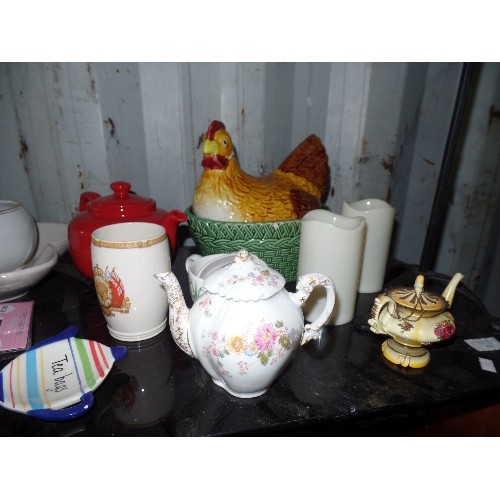 542 - CHICKEN EGG STORER, HANDPAINTED TEAPOT ON STAND, LIMOGES COFFEE POT ETC