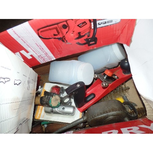 563 - BOX OF MIXED TOOLS - ENERGIZER TORCH, PLANE, OIL CAN ETC