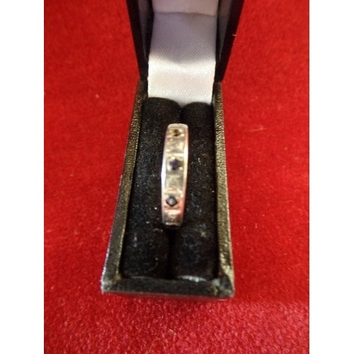 34 - 9CT WHITE GOLD SAPPHIRE AND DIAMOND HALF ETERNITY   RING SIZE O WEIGHT  1.65gr ONE STONE MISSING