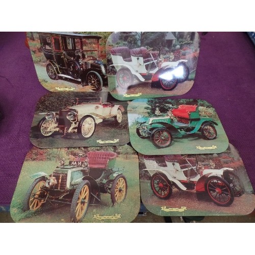 77 - MIXED LOT INCLUDES RETRO PLACEMATS WITH VINTAGE CAR THEME, A PAIR OF DECORATIVE RIBBON PLATES IN OCT... 