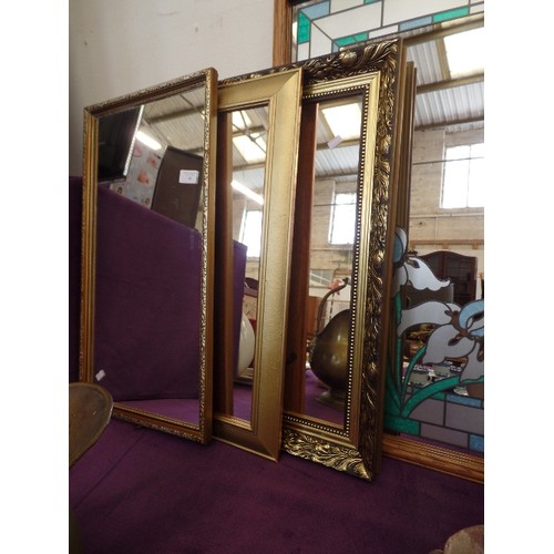 94 - 4 ATTRACTIVE WALL MIRRORS, 3 WITH GILT FRAMES, AND A 'STAINED-GLASS EFFECT' MIRROR WITH WOODEN FRAME... 