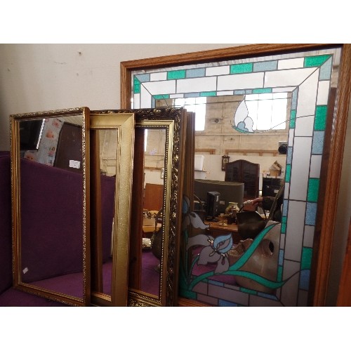 94 - 4 ATTRACTIVE WALL MIRRORS, 3 WITH GILT FRAMES, AND A 'STAINED-GLASS EFFECT' MIRROR WITH WOODEN FRAME... 